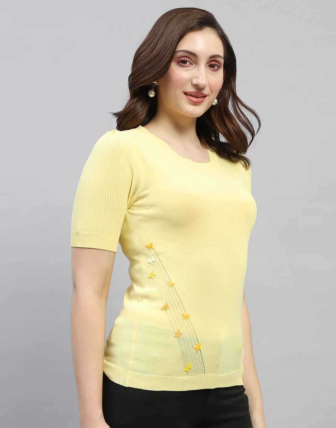 Women Yellow Solid Round Neck Half Sleeve Top - Image 4