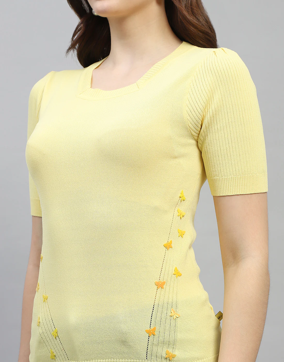 Women Yellow Solid Round Neck Half Sleeve Top - Image 6