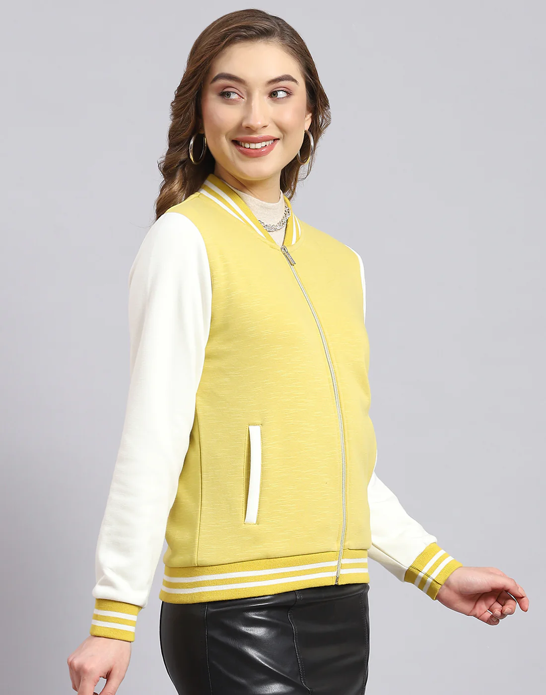 Women Yellow Solid Stand Collar Full Sleeve Sweatshirt - Image 5