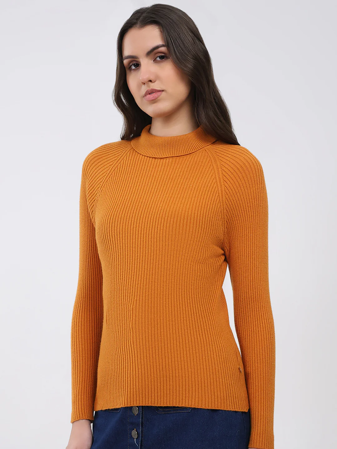 Women Yellow Solid T Neck Full Sleeve Sceavy - Image 3