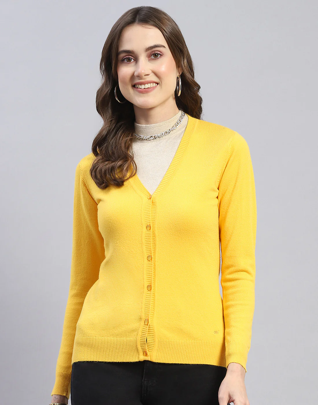 Women Yellow Solid V Neck Full Sleeve Cardigan - Image 2