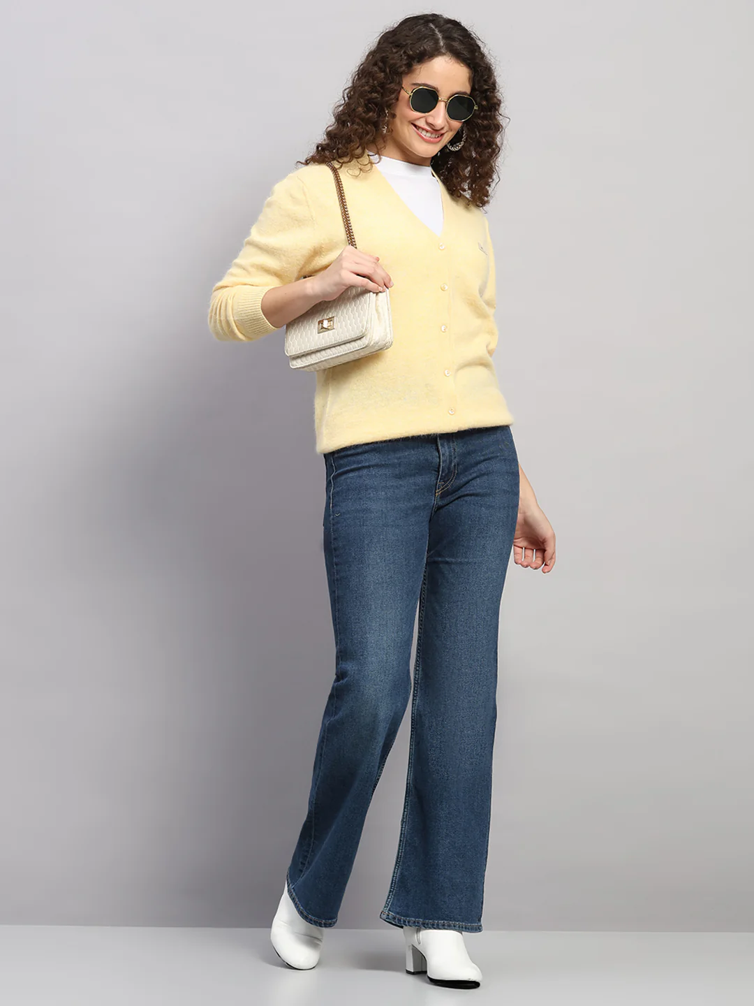 Women Yellow Solid V Neck Full Sleeve Cardigan - Image 2