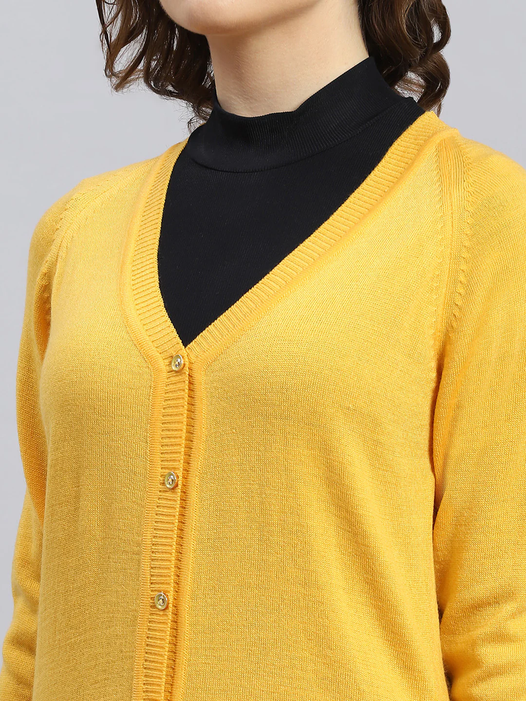 Women Yellow Solid V Neck Full Sleeve Cardigans - Image 6
