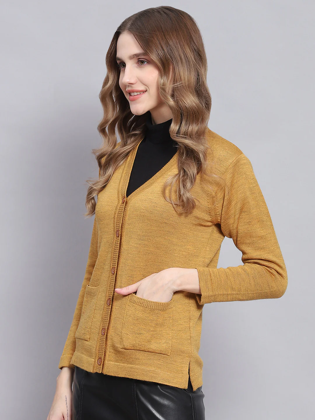 Women Yellow Solid V Neck Full Sleeve Cardigans - Image 3