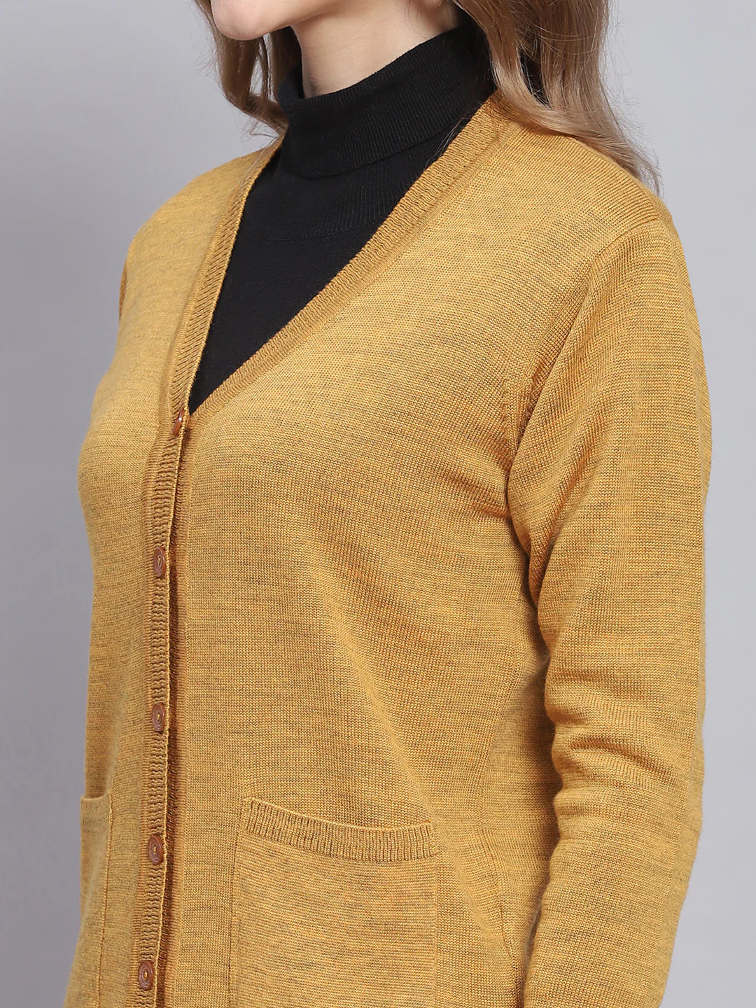 Women Yellow Solid V Neck Full Sleeve Cardigans - Image 6