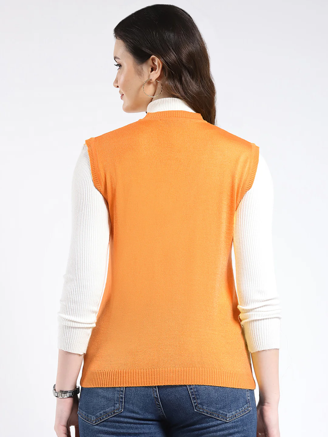 Women Yellow Solid V Neck Sleeveless Cardigan - Image 5