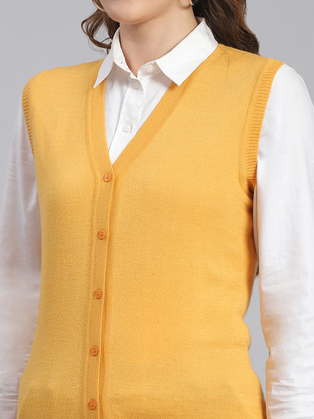 Women Yellow Solid V Neck Sleeveless Cardigans - Image 6