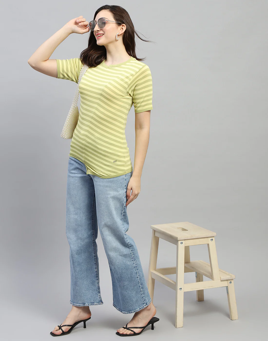 Women Yellow Stripe Round Neck Half Sleeve Top - Image 2
