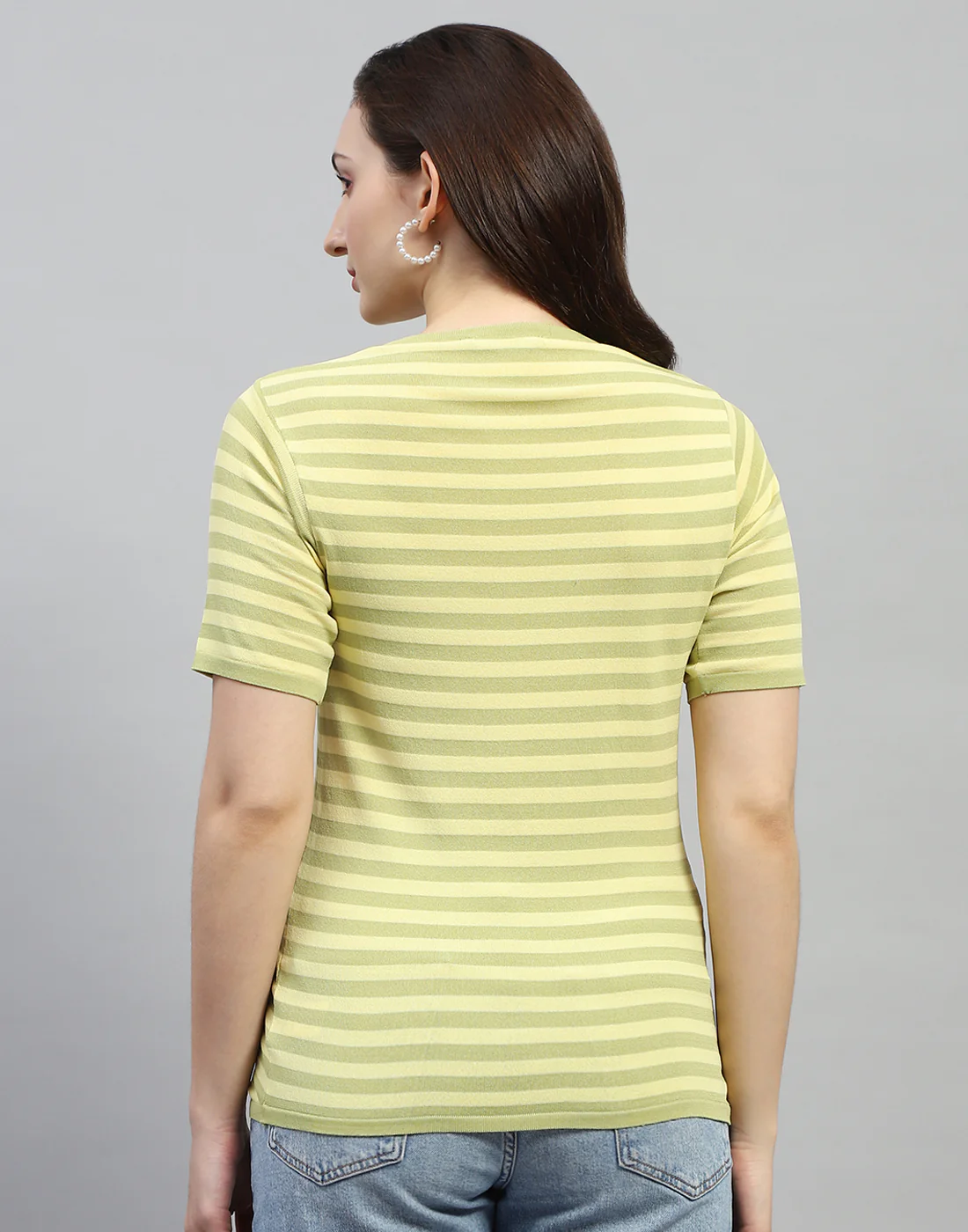 Women Yellow Stripe Round Neck Half Sleeve Top - Image 5