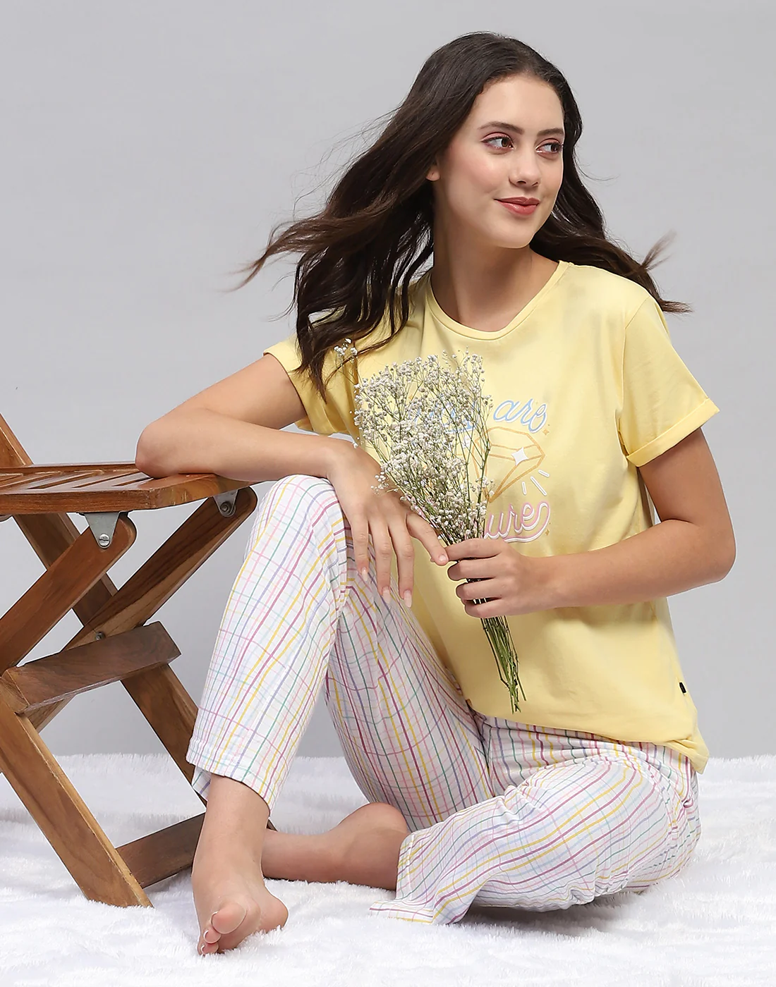 Women Yellow & White Printed Round Neck Half Sleeve Lower Set - Image 2