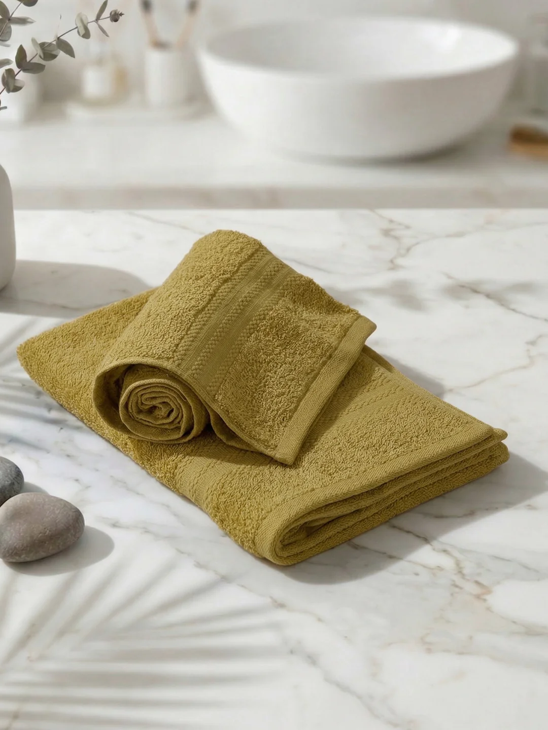 Yellow & Green Pure Cotton Solid 380 GSM Hand Towel 2 Pc Set (Jazz Collection) - Image 2